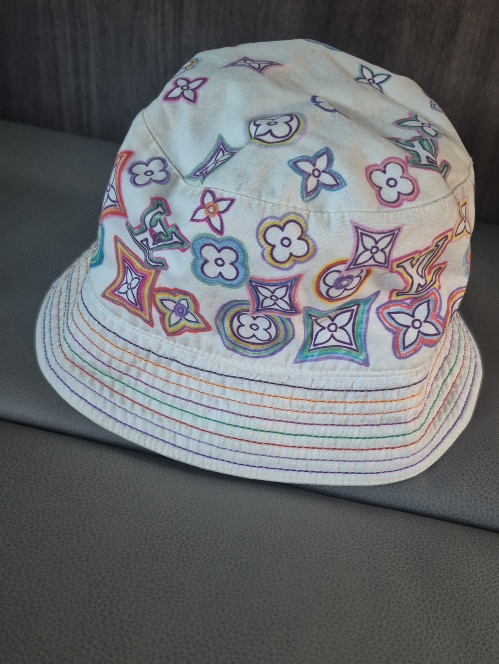 Louis Vuitton White Multicolor Logo Pattern Bucket Hat